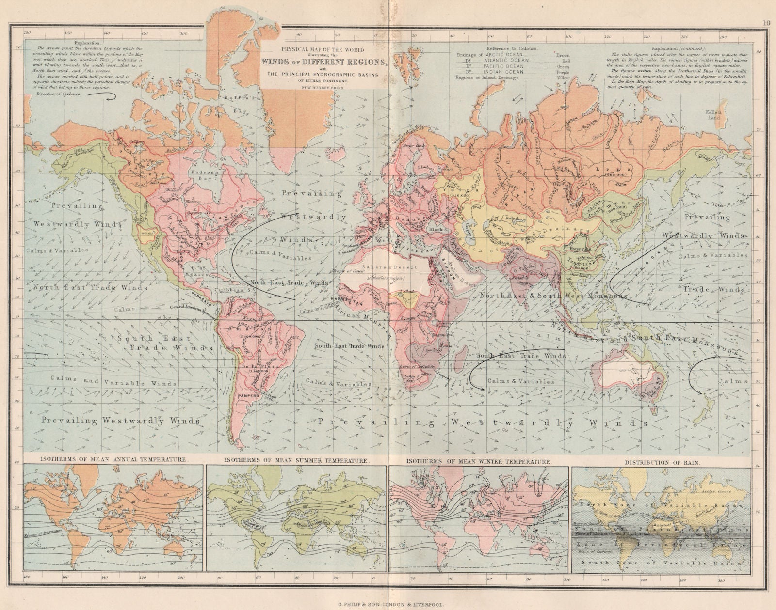 WORLD.Physical.Winds;hydrographic basins;Isotherms.Temperature;Rainfall 1886 map